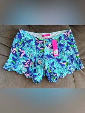 Lilly Pulitzer buttercup stretch knit shorts corsica blue turtle villa nwt 4